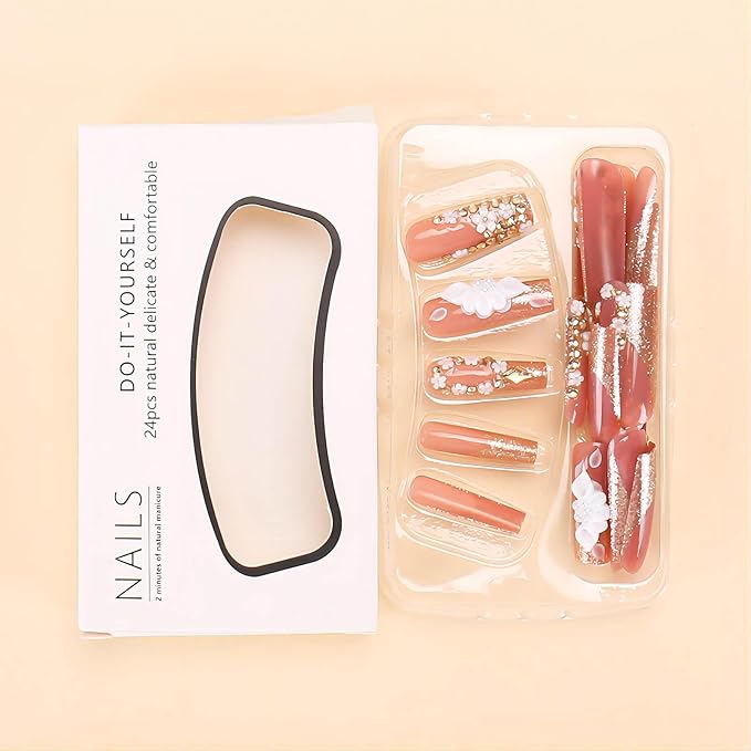 Long Press Pink Coffin Fake Nails with French Tip, 5D White Flower Designs, Gold Rhinestones, Glossy Glue on Nails for Women