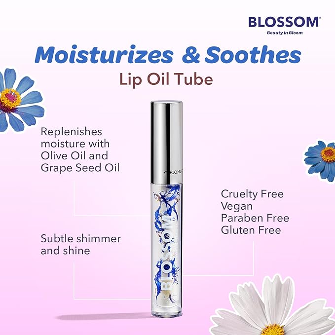 Blossom Moisturizing and Hydrating Shimmer Sparkle Lip Oil with Olive Oil + Grape Seed Oil, Infused with Real Flowers, 3g, Coconut-VivaGrace Women