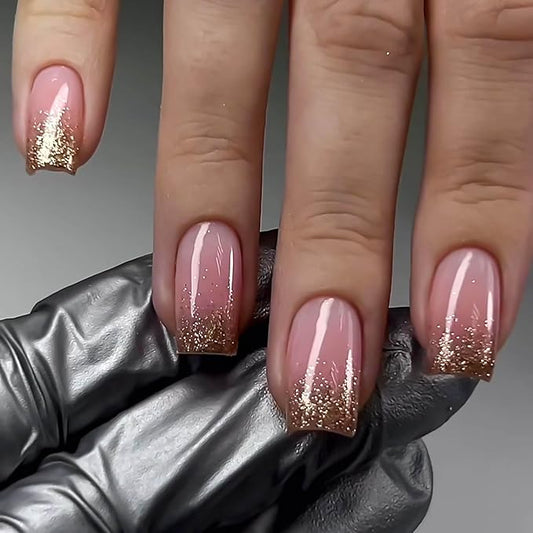 Medium Square Press on Nails French Tip Fake Nails Gold Glitter False Nails with Designs Pink Full Cover Glue on Nails Sparkly Artificial Nails Cute Stick on Nails for Women 24Pcs