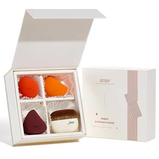 Jessup Foundation Brush with Makeup Sponge Set, 1pc Flat Top Kabuki Brush and 3pcs Make up Sponges for Concealer Blending Blush Powder Buffing Stippling with Gift Box, T505-VivaGrace Women