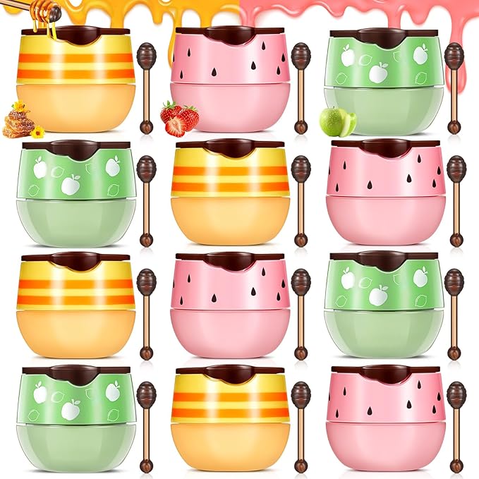 12 Pcs Bee Lip Balm Honey Pot with Brush Propolis Lip Mask Overnight, Moisturizing Hydrating Lip Sleeping Mask Prevention Dry and Cracked(Honey+Strawberry+Apple Lime)-VivaGrace Women