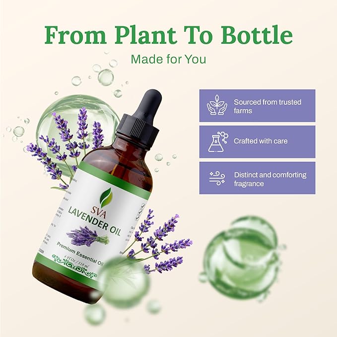 SVA Lavender Essential Oil – 4 Fl Oz – 100% Natural Lavender Oil - for Diffuser, Hair Care, Face, Skin Care, Aromatherapy, Scalp and Body Massage, Soap and Candle Making – with Dropper-VivaGrace Women