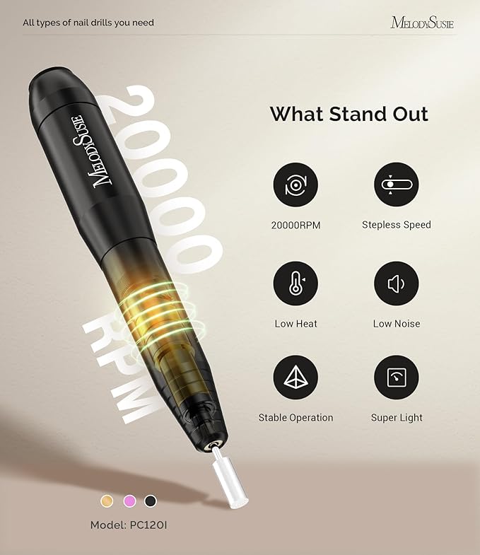 MelodySusie Electric Nail Drill Machine,PC120I Portable Electric Nail File Efile Set for Acrylic Gel Nails, Manicure Pedicure Tool with Nail Drill Bits Sanding Bands Dust Brush, Black-VivaGrace Women