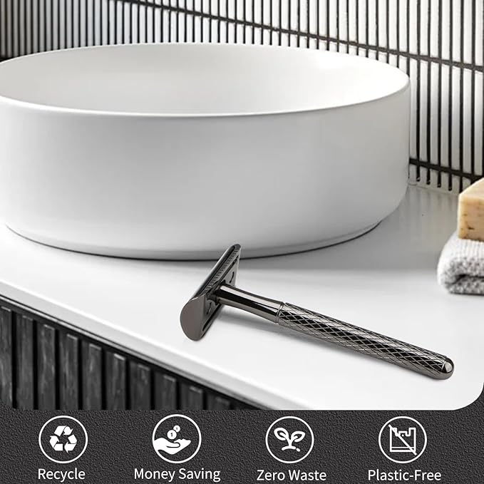 Shiny Gun Black Double Edge Safety Razor, Single Blade Razors for Men and Women, with 10 Stainless Steel Safety Razor Blades, Reusable, Smooth and Close Wet Shaving Kit, Plastic Free-VivaGrace Women