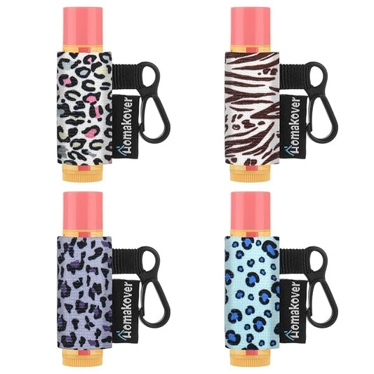 4 Pack Keychain Chapstick Holder, Leopard Pattern - Elastic Band, Fits Most Standard Lip Balm, Quick-Release Clip, Unisex-Adults-VivaGrace Women