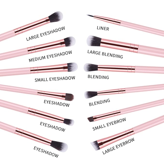 MSQ Eye Makeup Brushes Set with Soft Synthetic Hairs & Real Wood Handle for Eyeshadow, Eyebrow, Eyeliner, Blending (Pink), 12pcs-VivaGrace Women