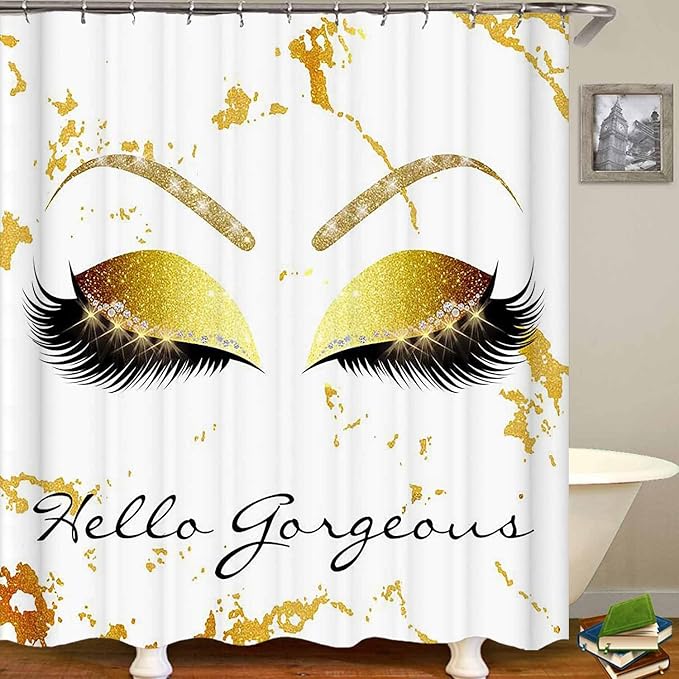 4PCS Hello Gorgeous Unicorn Eyelash Shower Curtain Set with Rugs, Luxury Diamond Gold Glitter Eyebrow Eyeshadow Makeup White Marble Glam Modern Fashion Women Bathroom Decor, Hello Gorgeous-VivaGrace Women