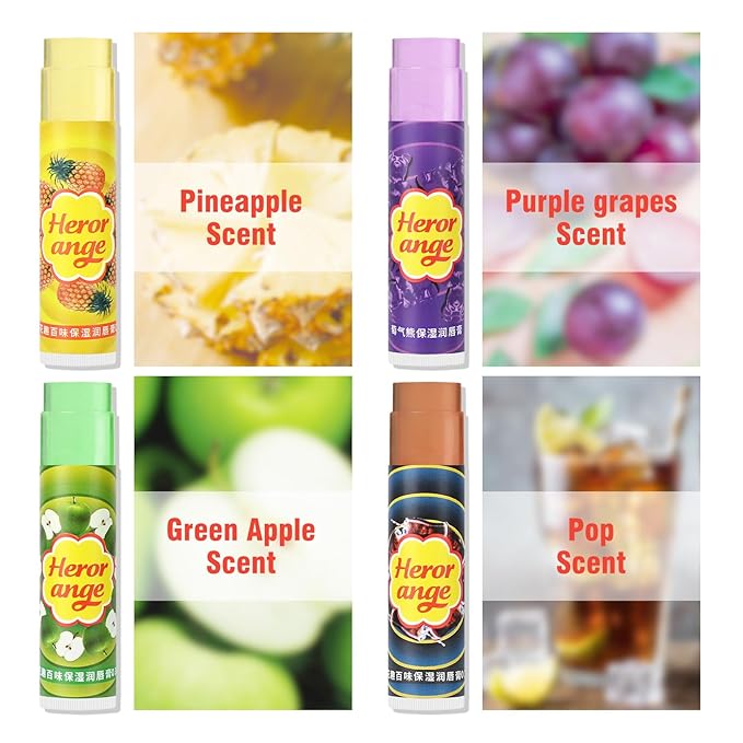 Flavored Lip Balm Set, 4 Scents- Pineapple Green Apple Purple Grapes Lip Balm and Pop Flavor Lip Balm Moisturizer,Transparent Hydrate Multi Flavor Chapstick Balm Bulk,Smooth Lip Lines Lip Care-VivaGrace Women