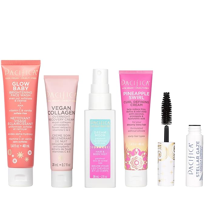 Pacifica Beauty Best Sellers Mini Beauty Set, Skincare, Makeup, Fragrances, Haircare, Glow Baby, Vegan Collagen, Pineapple Curls, Stellar Gaze, Dream Moon, Face Wash, Mascara, Body Mist (Set of 5)-VivaGrace Women