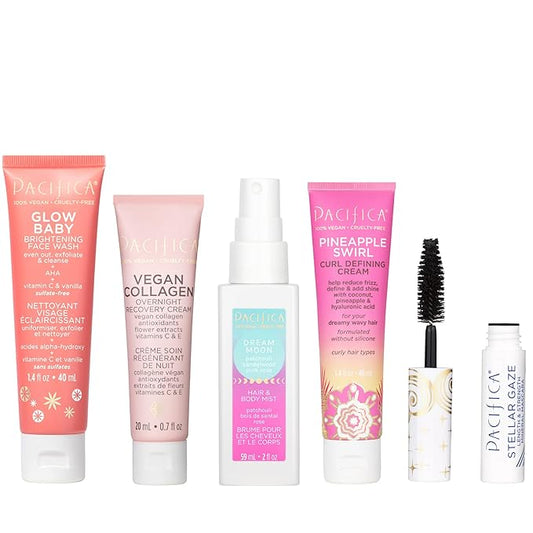 Pacifica Beauty Best Sellers Mini Beauty Set, Skincare, Makeup, Fragrances, Haircare, Glow Baby, Vegan Collagen, Pineapple Curls, Stellar Gaze, Dream Moon, Face Wash, Mascara, Body Mist (Set of 5)-VivaGrace Women