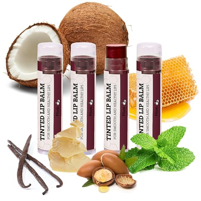Tinted Lip Balm by Earth’s Daughter – 4 Pack of Plum Color – Beeswax, Coconut Oil, Cocoa Butter, Vitamin E – Moisturize and Beautify – Paraben Free-VivaGrace Women