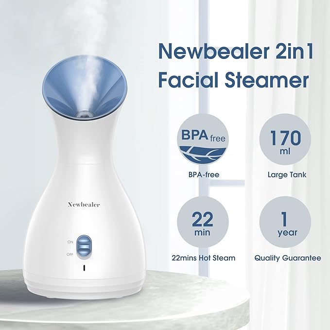 Newbealer 2in1 Facial Steamer, Hot Mist Facial Aromatherapy Humidifier Atomizer, Large Face Steamer Unclogs Pores Sinuses Moisturizing, Home Sauna Spa with Eyebrow Set (Blue, 170ml)-VivaGrace Women
