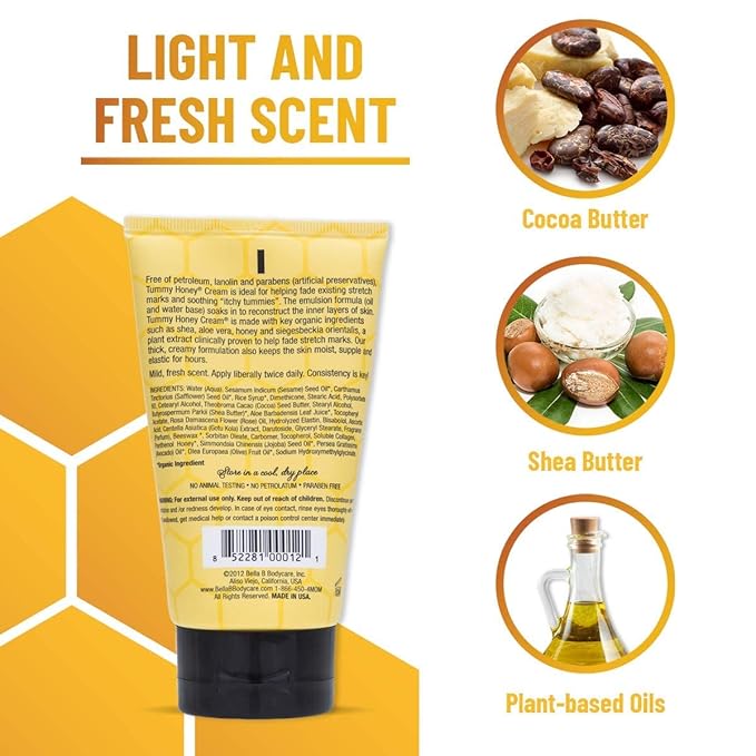 BELLA B NATURALS Tummy Honey Cream 4oz - Bella B Tummy Cream For Fading Stretch Marks - Pregnancy Cream To Prevent Stretch Marks - Stretch Marks Cream For Pregnancy - Pregnancy Stretch Mark Prevention-VivaGrace Women