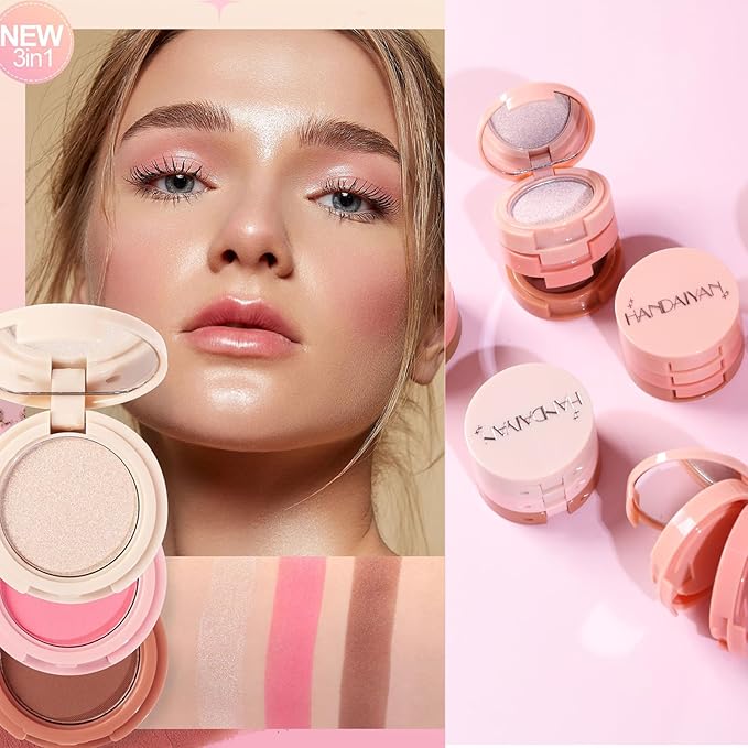 3-in-1 Blendable Trio, Contour and Highlight Blush Makeup Palette, Cream Bronzer, Silky Smooth Powder Blush, Shimmer Highlighter Makeup Powder, Pink Brown Eyeshadow Palette with Mirror(01)-VivaGrace Women