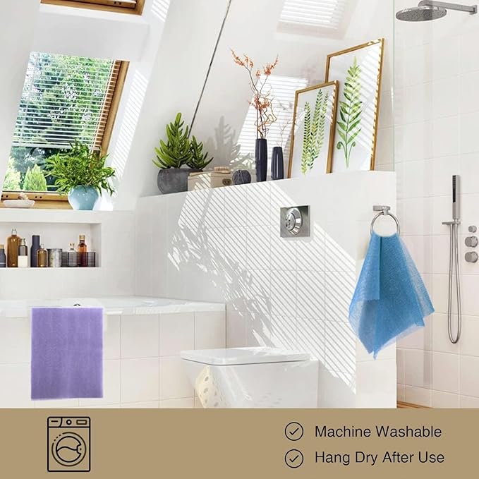 UJFQBH 3 Pieces African exfoliating net African Net Long Net Bath Sponge Exfoliating Shower Body Scrubber Back Scrubber Skin Smoother,Great for Daily Use (Purple Gray Blue)-VivaGrace Women