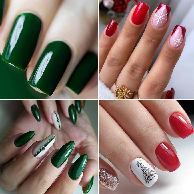 AILLSA Christmas Nail Polish Set White Red Sparkle Polish with Base and Top Coat, Dark Green Gold Glitter Polish Soak Off U V Starter Kit for Art Salon DIY