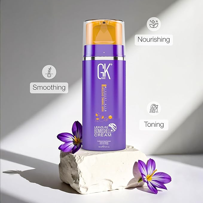 GK HAIR Global Keratin Leave In Bombshell Purple Cream (3.4 Fl Oz/100ml) Conditioning Smoothing Moisturizing Hydrating Frizz Control for Blonde Damaged Hair Removes Yellow Brassy Tones Flyaways-VivaGrace Women