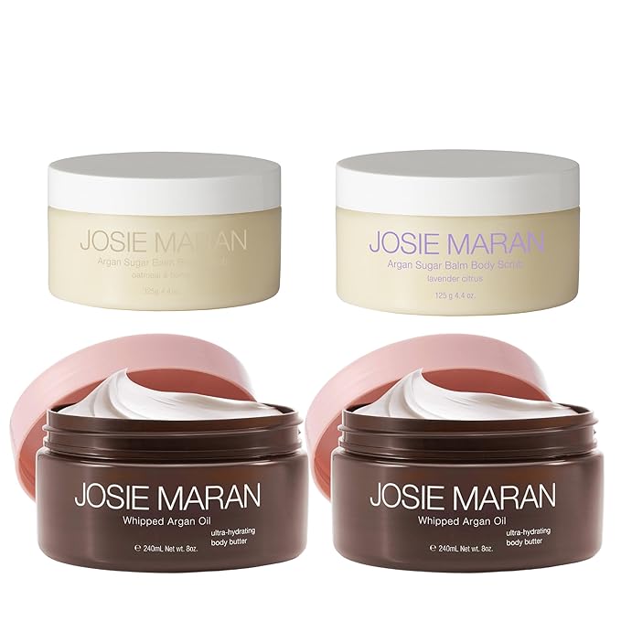Josie Maran Bod Squad Body Care Set - Includes 2 Argan Sugar Scrubs & 2 Body Butters - Nourishes Skin with Gentle Exfoliation and Intense Hydration - Oat Milk & Honey and Lavender Citrus (4 Count)-VivaGrace Women