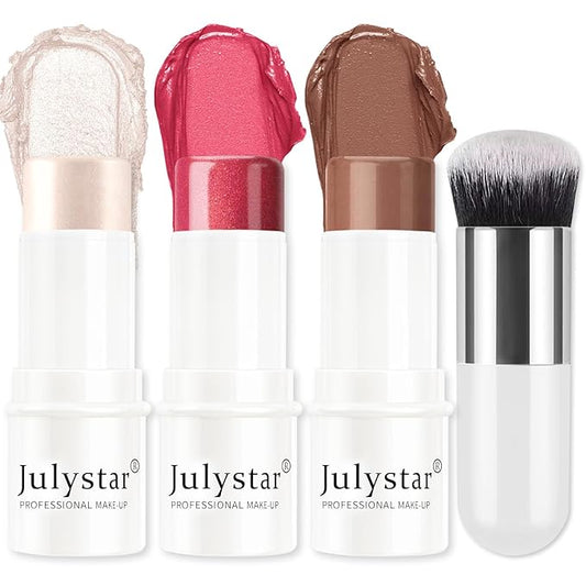 3Pcs Cream Contour Stick Makeup Set, Cream Bronzer Blush Highlighter Stick for Cheeks Eyes Lips, Long Lasting Waterproof Blendable Dewy Finish Face Stick Trio Wand for All Skin (1+3+6)-VivaGrace Women