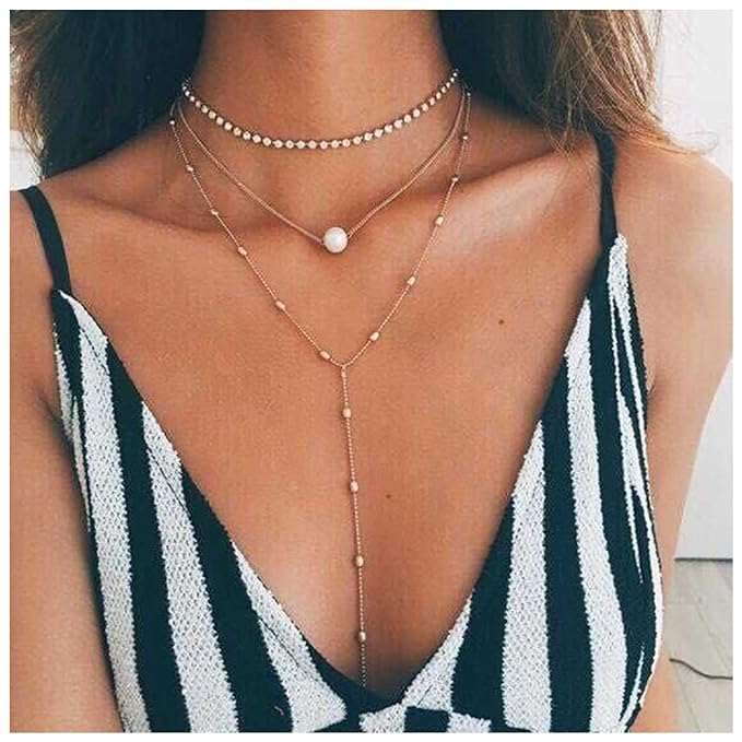 Bohemia Layered Y Lariat Choker Necklace Long Rhinestone Tennis Chain Necklace Floating Pearl Choker Necklace Gold Y Drop Necklace Chain Jewelry for Women and Girls-VivaGrace Women