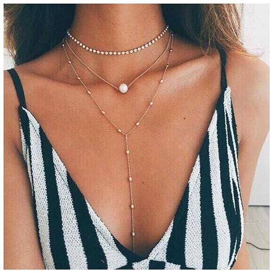 Bohemia Layered Y Lariat Choker Necklace Long Rhinestone Tennis Chain Necklace Floating Pearl Choker Necklace Gold Y Drop Necklace Chain Jewelry for Women and Girls-VivaGrace Women