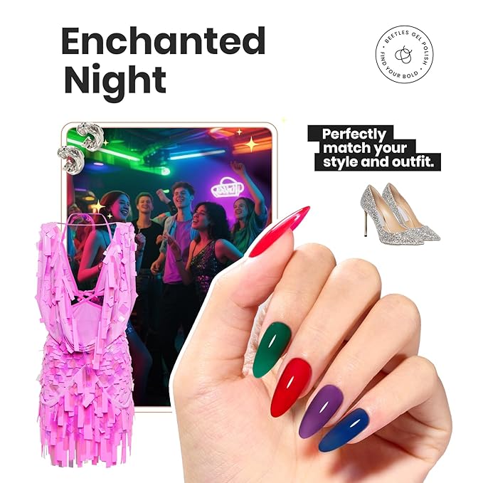 Beetles Nail Polish Set, 6 Colors Jelly Nail Polish Kit Pink Red Black Blue Green Purple Sheer Jelly Quick Dry Fingernail Polish Syrup Nails Enchanted Night Gifts for Women Salon DIY Manicure Kit
