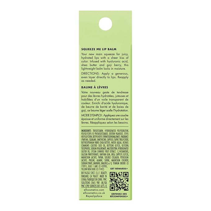 e.l.f. Squeeze Me Lip Balm, Moisturizing Lip Balm For A Sheer Tint Of Color, Infused With Hyaluronic Acid, Vegan & Cruelty-free, Honeydew-VivaGrace Women