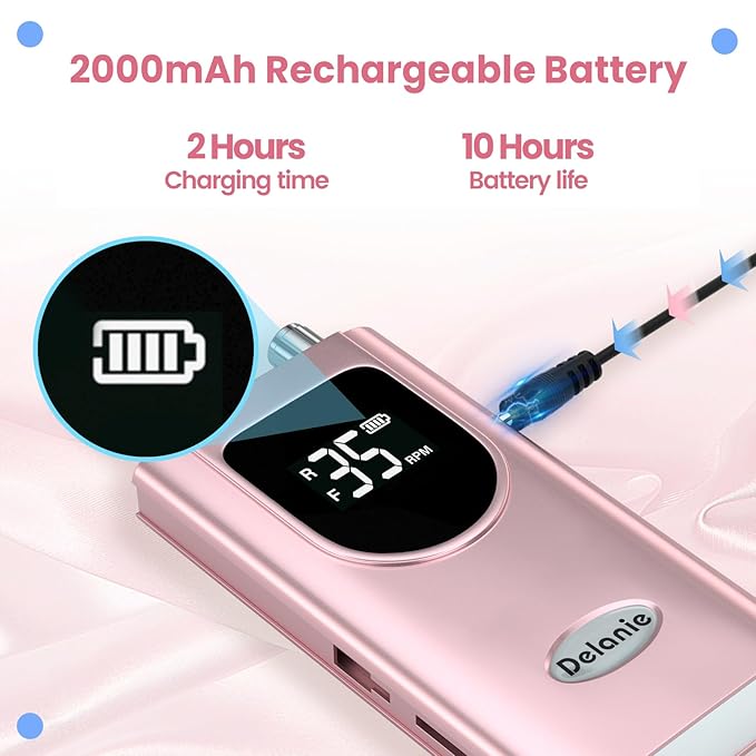 Delanie Professional Nail Drill High Torque 35000 RPM Rechargeable Portable Electric Nail File Filer for Acrylic Gel with Cuticle Bits, Salon Manicure Tool, Rose Gold-VivaGrace Women
