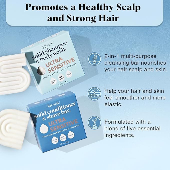 Kitsch 2-in-1 Ultra Sensitive Shampoo Bar & Body Wash + Conditioner Bar & Shaving Soap – Fragrance-Free Bar Soap for Sensitive Skin & Scalp - For Healthy, Radiant Hair and Skin - Made in USA – 2pcs-VivaGrace Women