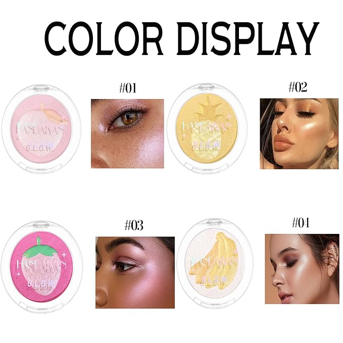 Face Highlighter Makeup Palette, Glossy Glitter Highlight Brightening Contouring Palette Natural Shiny Contour Makeup Illuminator Longlasting Lightweight, Blush&Highlighter (#03 Strawberry)-VivaGrace Women