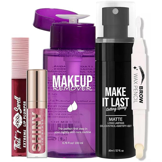 Beauty Bundle All In One Makeup Kit For Women, Teens, Girls, Full Size Makeup Essentials Makeup Remover, Make It Last Setting Spray, Brow Wax Lamination Pencil, Plumping Lipglosses-VivaGrace Women