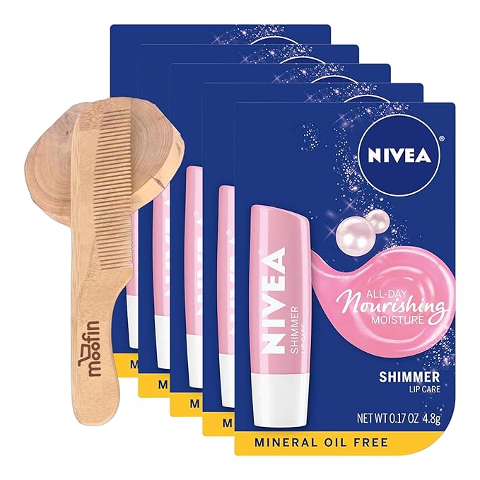 Nivea Lip Balm Shimmer Lip Care, 0.17 Oz Stick For Soft, Radiant Lips, Long-Lasting Hydration With Pearly Shimmer, Mineral Oil-Free, Lip Balm Hydrating - Bundles With Wooden Comb, [Pack Of 5]-VivaGrace Women