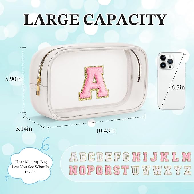 YOOLIFE Initial Makeup Bag Travel Toiletry Bag Clear Makeup Bag Preppy Cosmetic Bag Gifts for Girls Kids Graduation Gifts Birthday Gifts for Girls Kids Birthday Gifts Swim Gifts White L-VivaGrace Women