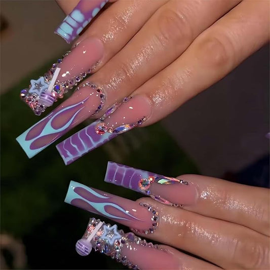 Press on Nails Long Square Purple Fake Nails with Design Full Cover Nails (Purple)