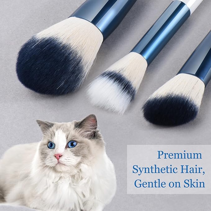 Makeup Brushes Set With Case 10Pcs White Makeup Brush Kit Foundation Eyeshadow Powder Blending Kabuki Eyebrow Eyelash Brushes Cosmetic Brush Travel Kit Gift (White+Blue)-VivaGrace Women