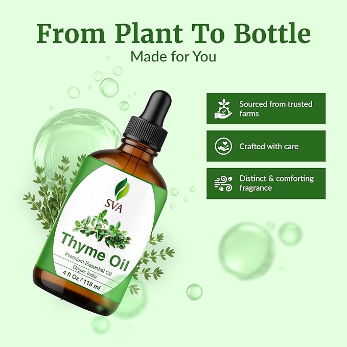 SVA Thyme Essential Oil – 4 Fl Oz – 100% Natural Thyme Oil - for Diffuser, Hair Care, Face, Skin Care, Aromatherapy, Scalp and Body Massage, Soap and Candle Making – with Dropper-VivaGrace Women