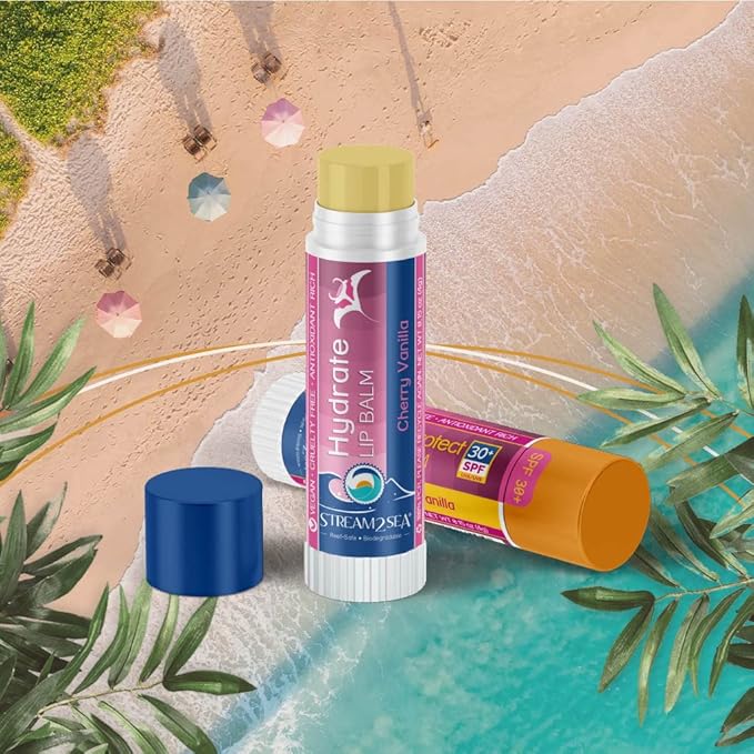 STREAM 2 SEA Cherry Vanilla Lip Balm, Reef Safe SPF 30 and Hydrate Organic Lip Balm Set, Moisturizing Indoor + Sun Protect Outdoor Lip Balm For Beach and Sports, Paraben Free Lip Moisturizer-VivaGrace Women