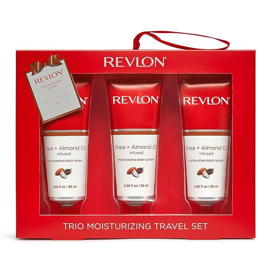 REVLON Get Carried Away Trio Moisturizing Travel Set, Shea Butter and Almond Oil Infused, Moisturizing Body Wash, Body Lotion, Exfoliating Body Scrub, 3 Count (2.88 fl oz)-VivaGrace Women
