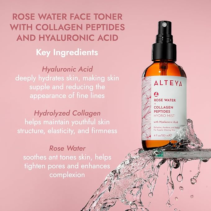 Alteya Organics Rose Water Face Toner – With Collagen Peptides & Hyaluronic Acid – Hydrating Facial Mist for Anti-Aging, Firming & Radiant Skin – 4 Fl Oz / 120mL-VivaGrace Women
