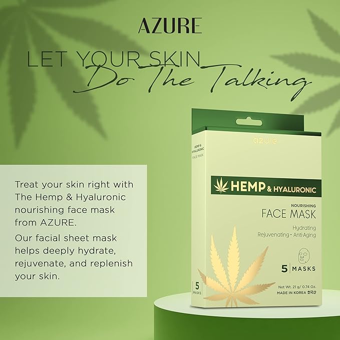 Azure Cosmetics Hemp Oil & Hyaluronic Acid Nourishing Facial Sheet - Anti Aging, Rejuvenating & Deeply Hydrating Mask - Reduces Fine Lines & Wrinkles, Locks in Moisture - Korean Skin Care - Pack of 5-VivaGrace Women