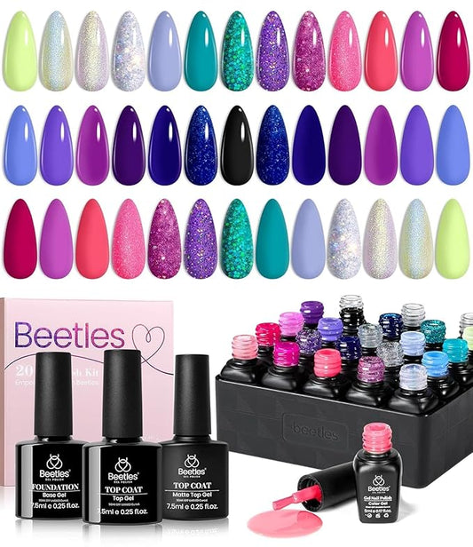 Beetles 20 Colors Gel Nail Polish Kit Midnight Euphoria Collection 23 Pcs Purple Blue Hot Pink Glitter Gel Polish Set Rainbow Soak off Uv Glossy & Matte Top Base Coat Gift for Women-VivaGrace Women