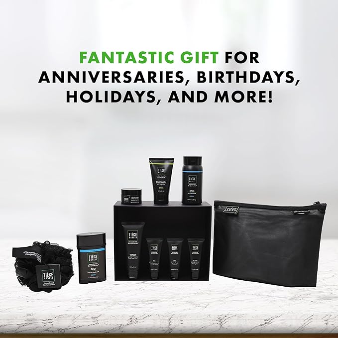 Tiege Hanley Mens Skin Care Gift Box Set, Gold - Men's Skincare Set with Face Wash, AM & PM Moisturizer, Scrub, Clay Mask, Body Wash, Deodorant, Anti Chafe Powder, Scrubber & Dopp Kit-VivaGrace Women
