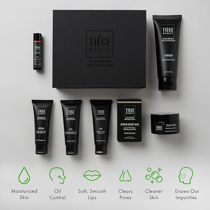 Tiege Hanley Mens Skin Care Gift Box Set, Silver - Men's Skincare Set Includes Face Wash, AM & PM Facial Moisturizer, Face Clay Mask & Scrub, Body Scrub Bar, & Moisturizing Lip Balm-VivaGrace Women