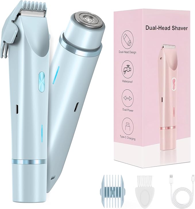 Bikini Trimmer for Women-2 in 1 Electric Razors for Women,USB Rechargeable Bikini Electric Shaver,IPX7 Waterproof Dry & Wet Use Body Hair Trimmer and Facial Hair Remover for Underarm Leg Body,Blue-VivaGrace Women