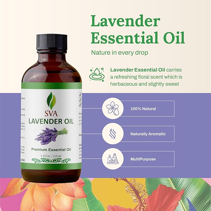 SVA Lavender Essential Oil – 4 Fl Oz – 100% Natural Lavender Oil - for Diffuser, Hair Care, Face, Skin Care, Aromatherapy, Scalp and Body Massage, Soap and Candle Making – with Dropper-VivaGrace Women
