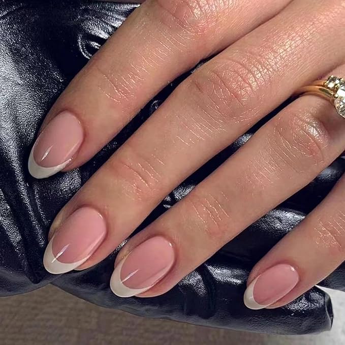 White French Tip Press on Nails Medium Almond Fake Nails Nude False Nails with Design Reusable Acrylic Glue on Nails Glossy Full Cover Stick on Nails for Women Girls Manicure 24pcs