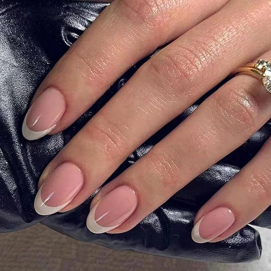 White French Tip Press on Nails Medium Almond Fake Nails Nude False Nails with Design Reusable Acrylic Glue on Nails Glossy Full Cover Stick on Nails for Women Girls Manicure 24pcs