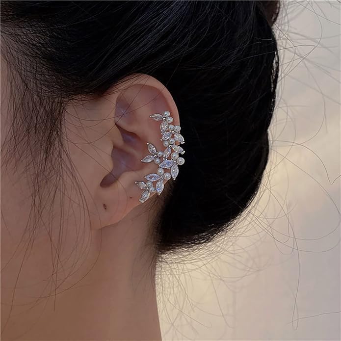 Vintage Crystal Pearl Ear Cuff Earrings Rhinestone Butterfly Cuff Wrap Earrings Cz Butterfly Ear Climber Cuff Earrings Silver Pearl Cz Non Piercing Earring Jewelry for Women(Left)-VivaGrace Women