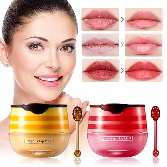 2 PCS Bee Honey Lip Balm Honey Pot, Strawberry & Bee Honey Lip Mask, Reduces Lip Lines, Hydrate & Moisturizing Lip Skin Care, Prevention Dry Cracked Lips, Bee Honey Lip Balm for Lip Repair Treatment-VivaGrace Women