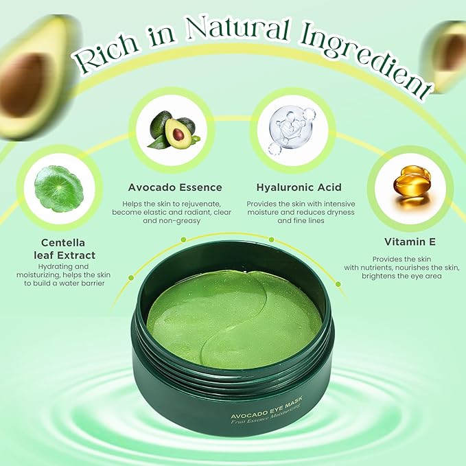 60 Pack Avocado Extract Eye Masks,Hyaluronic Acid Augenpads,Moisturising Eye Mask,Remove Dark Circles,Tear Bags,Wrinkles,Puffiness,Suitable for All Skin Types-VivaGrace Women